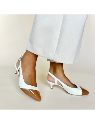 All-New Lena Extra-Wide Fit Slingback - Cream Leather & Tan Patent Available for Immediate Shipping